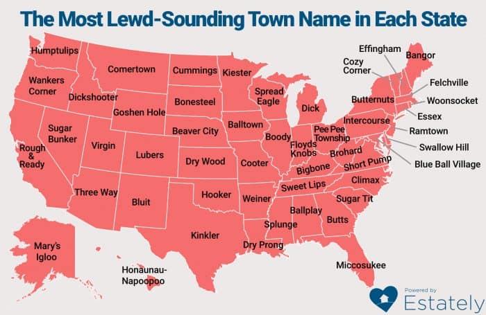 Map of the USA showing sexy-sounding town names