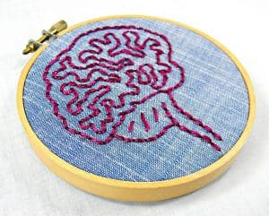 Image of Embroidered brain art as an example of how learning makes us happier