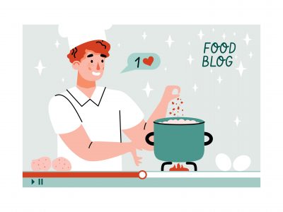 Recording of food blog with blogger cooking online, cartoon vector illustration.